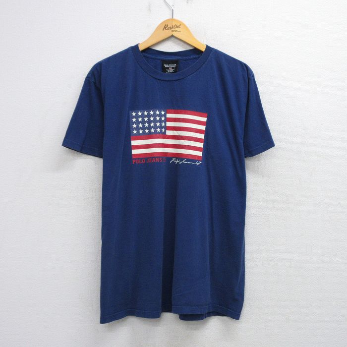 【20%OFF】XL★古着 ラルフローレン Ralph Lauren ポロジーンズ 半袖 ブランド Tシャツ メンズ 00年代 00s ビッグロゴ 星条旗 大きいサイズ コットン クルーネック 紺 ネイビー 【spe】 25aug20 中古