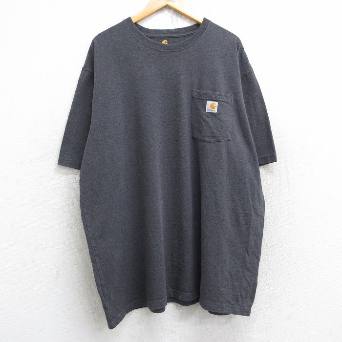 【50%OFF】XL★古着 カーハート Carhartt 半袖 ブランド Tシャツ メンズ ワンポイントロゴ 胸ポケット付き 大きいサイズ ロング丈 クルーネック 濃グレー 霜降り 【spe】 25aug25 中古