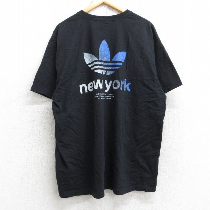 XL★古着 アディダス adidas 半袖 ブランド Tシャツ メンズ ビッグロゴ リーフ トレフォイル ニューヨーク 大きいサイズ コットン クルーネック 黒 ブラック 25aug25 中古