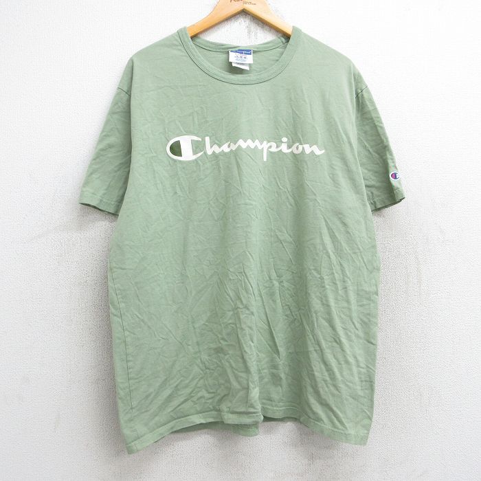 【50%OFF】XL★古着 チャンピオン Champion 半袖 ブランド Tシャツ メンズ ビッグロゴ 大きいサイズ コットン クルーネック 薄緑 グリーン 25aug25 中古