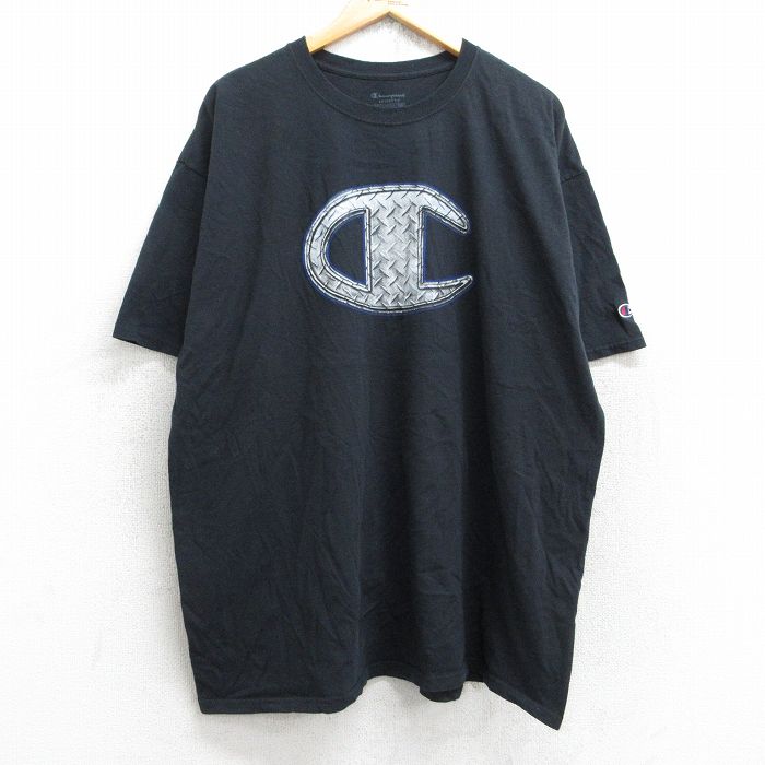 XL★古着 チャンピオン Champion 半袖 ブランド Tシャツ メンズ ビッグロゴ 大きいサイズ クルーネック 黒 ブラック 25aug25 中古