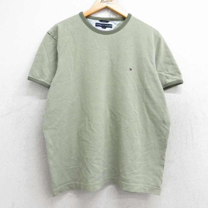 【50%OFF】L★古着 トミーヒルフィガー TOMMY HILFIGER 半袖 ブランド Tシャツ メンズ ワンポイントロゴ 鹿の子 クルーネック 薄緑 グリーン リンガー 25aug25 中古
