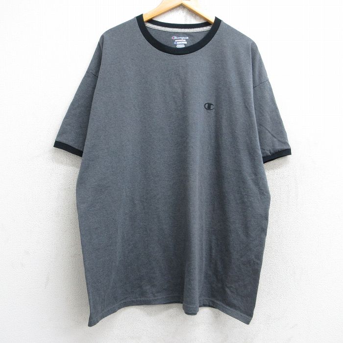 【50%OFF】XL★古着 チャンピオン Champion 半袖 ブランド Tシャツ メンズ ワンポイントロゴ 大きいサイズ ロング丈 クルーネック 濃グレー 霜降り リンガー 25aug25 中古