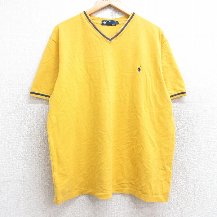 【50%OFF】XL★古着 ラルフローレン Ralph Lauren 半袖 ブランド Tシャツ メンズ 90年代 90s ワンポイントロゴ 鹿の子 大きいサイズ コットン Vネック 黄 イエロー 25aug25 中古