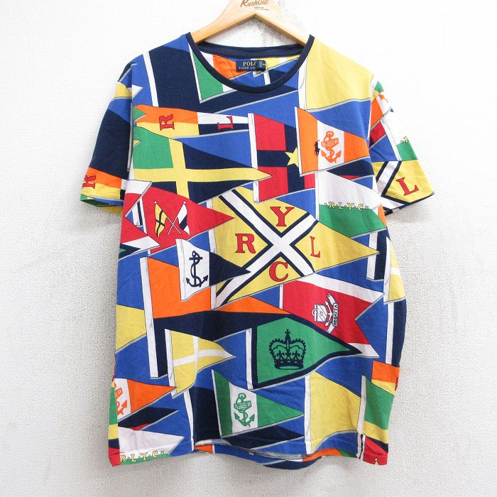 XL★古着 ラルフローレン Ralph Lauren 半袖 ブランド Tシャツ メンズ ワンポイントロゴ イカリ 旗 王冠 総柄 コットン クルーネック 青他 ブルー 【spe】 25aug25 中古