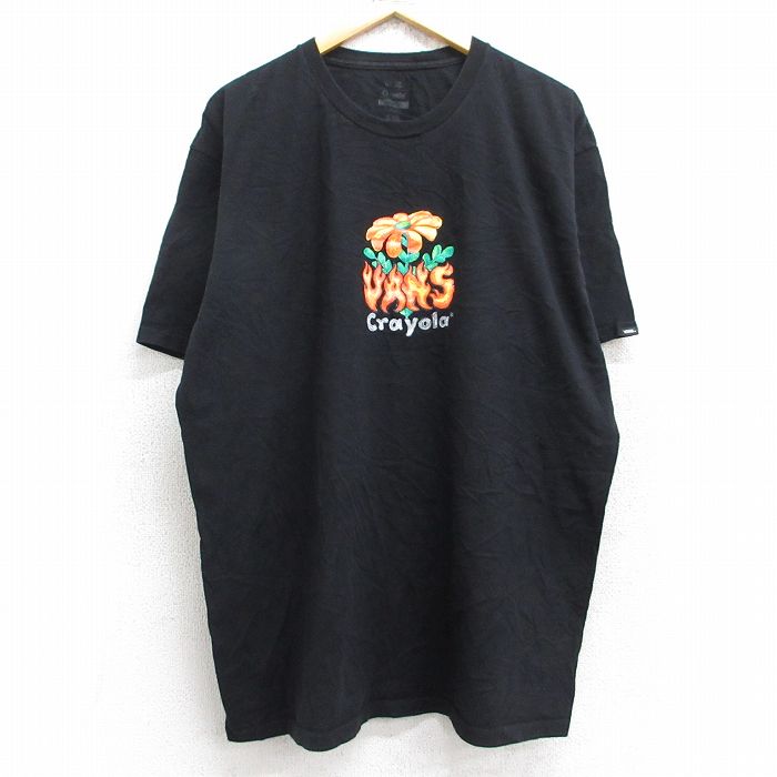 XL★古着 バンズ VANS 半袖 ブランド Tシャツ メンズ ビッグロゴ 花 クレオラ 大きいサイズ コットン クルーネック 黒 ブラック 25aug25 中古