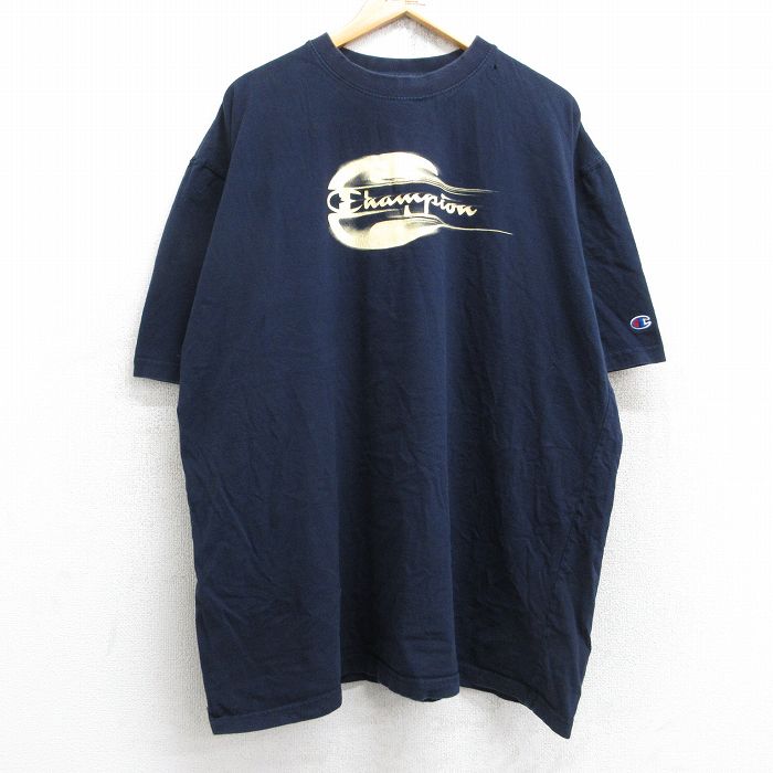 XL★古着 チャンピオン champion 半袖 ブランド Tシャツ メンズ ビッグロゴ 大きいサイズ コットン クルーネック 紺 ネイビー 25aug25 中古