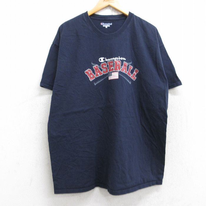 XL★古着 チャンピオン champion 半袖 ブランド Tシャツ メンズ ビッグロゴ ベースボール 星条旗 大きいサイズ コットン クルーネック 紺 ネイビー 25aug25 中古