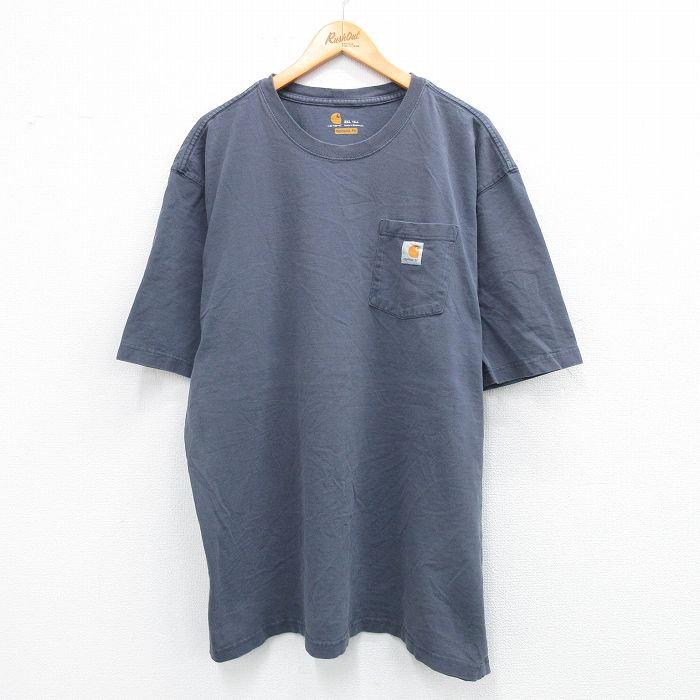 【50%OFF】XL★古着 カーハート Carhartt 半袖 ブランド Tシャツ メンズ ワンポイントロゴ 胸ポケット付き 大きいサイズ ロング丈 コットン クルーネック 濃グレー 【spe】 25aug25 中古