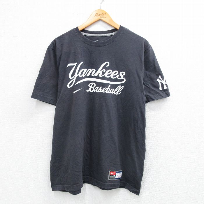 XL★古着 ナイキ NIKE 半袖 ブランド Tシャツ メンズ MLB ニューヨークヤンキース コットン クルーネック 黒 ブラック メジャーリーグ ベースボール 野球 25aug25 中古