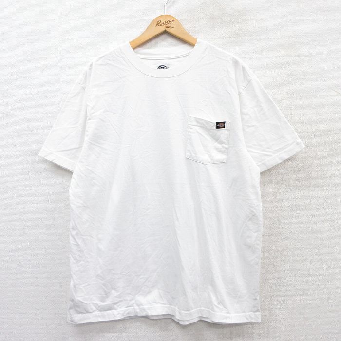 【20%OFF】XL★古着 ディッキーズ Dickies 半袖 ブランド Tシャツ メンズ ワンポイントロゴ 胸ポケット付き 大きいサイズ コットン クルーネック 白 ホワイト 25aug25 中古