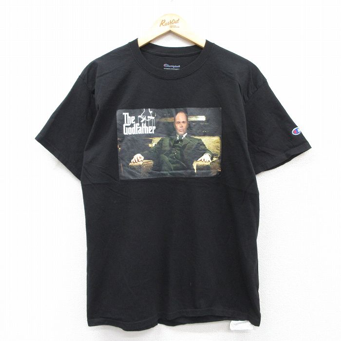 L★古着 チャンピオン champion 半袖 ブランド Tシャツ メンズ 映画 ゴッドファーザー コットン クルーネック 黒 ブラック 25aug25 中古