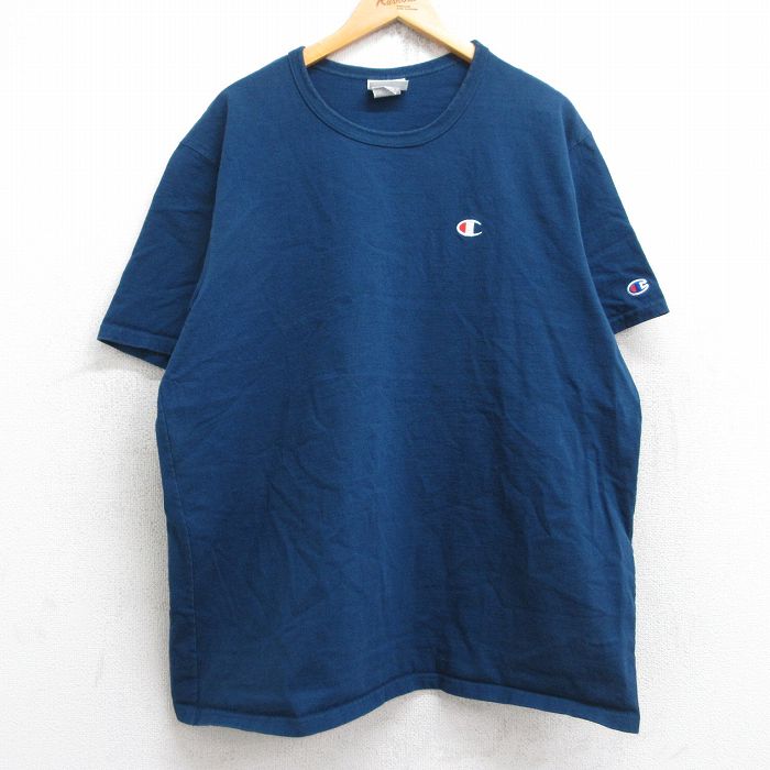 XL★古着 チャンピオン champion 半袖 ブランド Tシャツ メンズ ワンポイントロゴ 大きいサイズ コットン クルーネック 紺 ネイビー 25aug26 中古