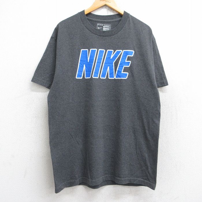 L★古着 ナイキ NIKE 半袖 ブランド Tシャツ メンズ ビッグロゴ コットン クルーネック 濃グレー 霜降り 25aug26 中古
