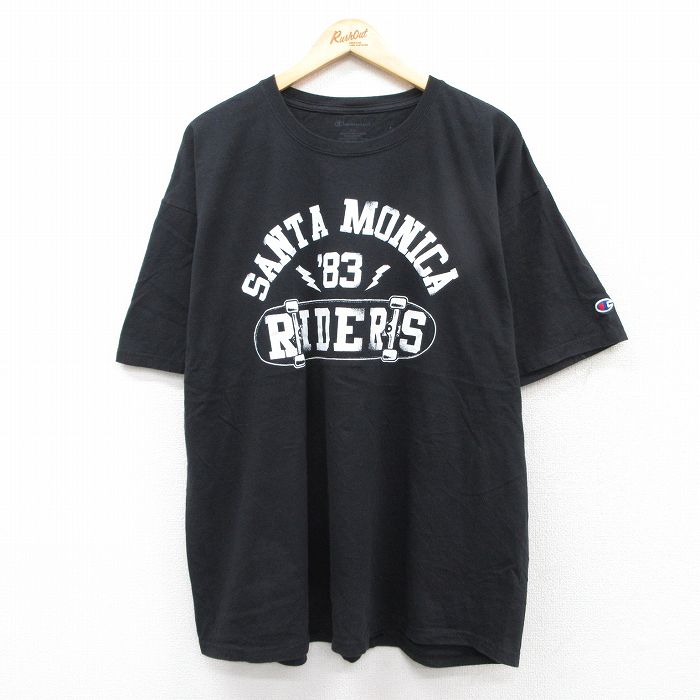 XL★古着 チャンピオン Champion 半袖 ブランド Tシャツ メンズ サンタモニカ スケボー 大きいサイズ コットン クルーネック 黒 ブラック 25aug26 中古