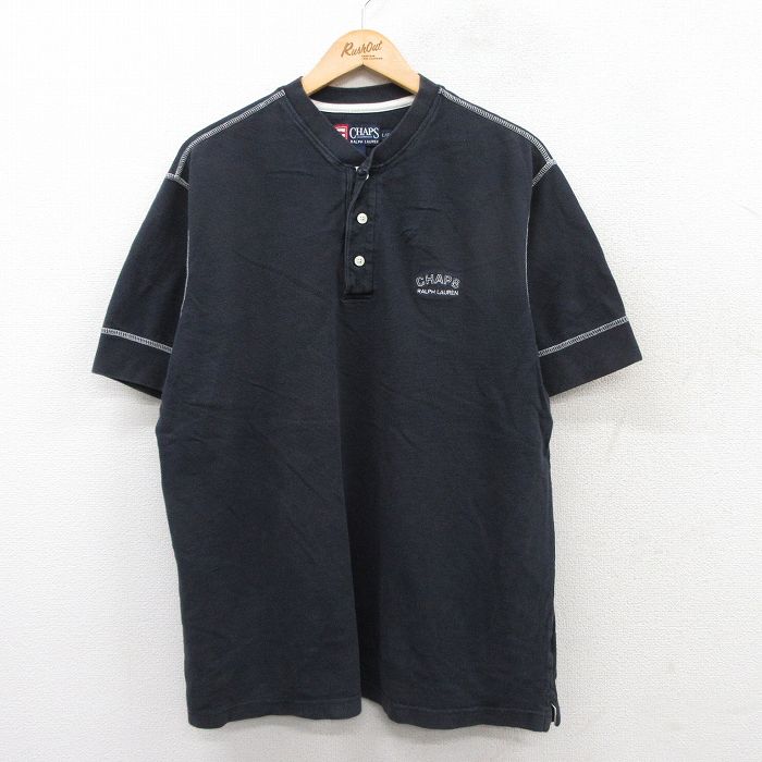 XL★古着 ラルフローレン Ralph Lauren チャップス 半袖 ブランド Tシャツ メンズ 90年代 90s ワンポイントロゴ 大きいサイズ コットン ヘンリーネック 紺 ネイビー 25aug26 中古