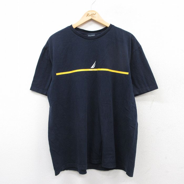 【50%OFF】XL★古着 ノーティカ NAUTICA 半袖 ブランド Tシャツ メンズ ワンポイントロゴ 大きいサイズ コットン クルーネック 紺 ネイビー 25aug26 中古