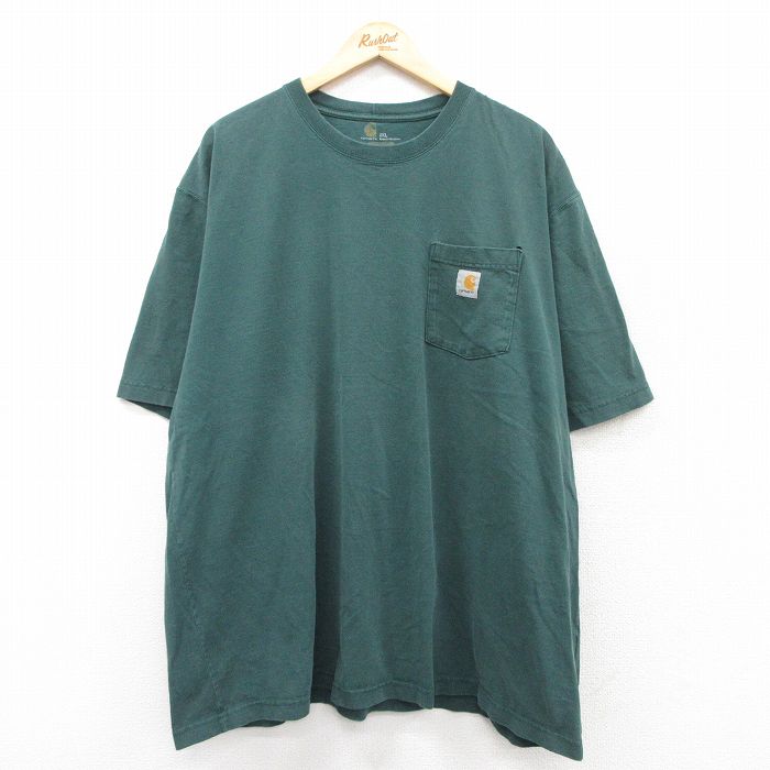 XL★古着 カーハート Carhartt 半袖 ブランド Tシャツ メンズ ワンポイントロゴ 胸ポケット付き 大きいサイズ コットン クルーネック 緑 グリーン 25sep01 中古