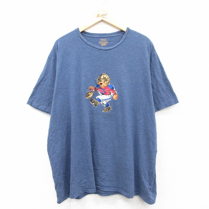 XL★古着 ラルフローレン Ralph Lauren 半袖 ブランド Tシャツ メンズ ポロベア フットボール 大きいサイズ コットン クルーネック 紺 ネイビー 霜降り 【spe】 25sep01 中古