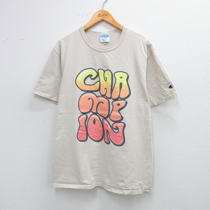 XL★古着 チャンピオン champion 半袖 ブランド Tシャツ メンズ ビッグロゴ コットン クルーネック ベージュ カーキ 25sep01 中古