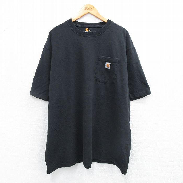 XL★古着 カーハート Carhartt 半袖 ブランド Tシャツ メンズ ワンポイントロゴ 胸ポケット付き 大きいサイズ ロング丈 コットン クルーネック 黒 ブラック 25sep01 中古