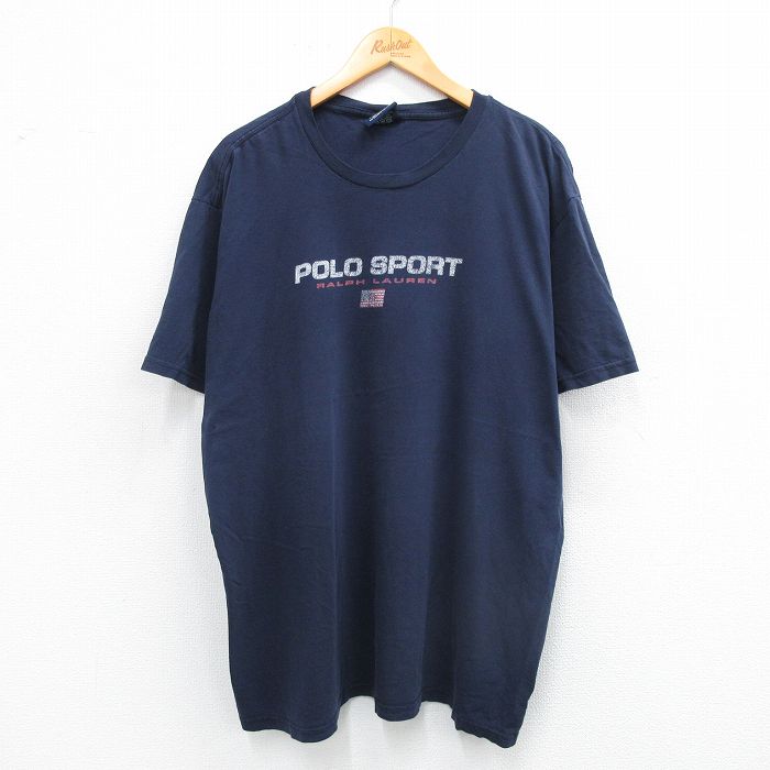 XL★古着 ラルフローレン Ralph Lauren ポロスポーツ 半袖 ブランド Tシャツ メンズ ビッグロゴ 大きいサイズ コットン クルーネック 紺 ネイビー 25sep01 中古