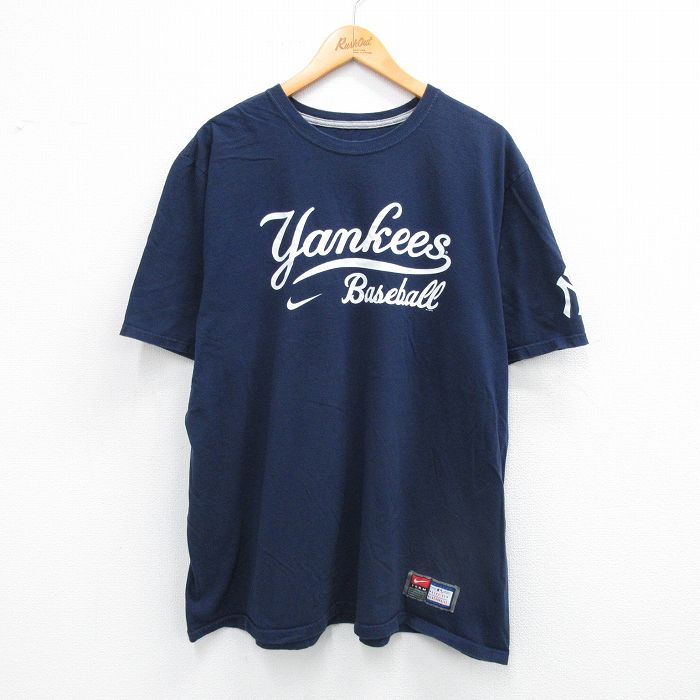 【20%OFF】XL★古着 ナイキ NIKE 半袖 ブランド Tシャツ メンズ MLB ニューヨークヤンキース 大きいサイズ コットン クルーネック 紺 ネイビー メジャーリーグ ベースボール 野球 25sep01 中古