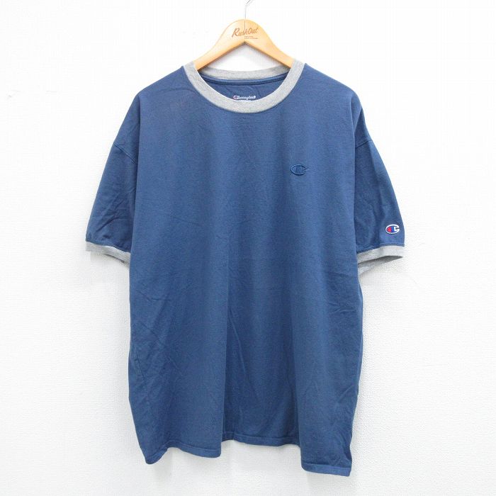 XL★古着 チャンピオン champion 半袖 ブランド Tシャツ メンズ ワンポイントロゴ 大きいサイズ コットン クルーネック 紺系 ネイビー リンガー 25sep01 中古