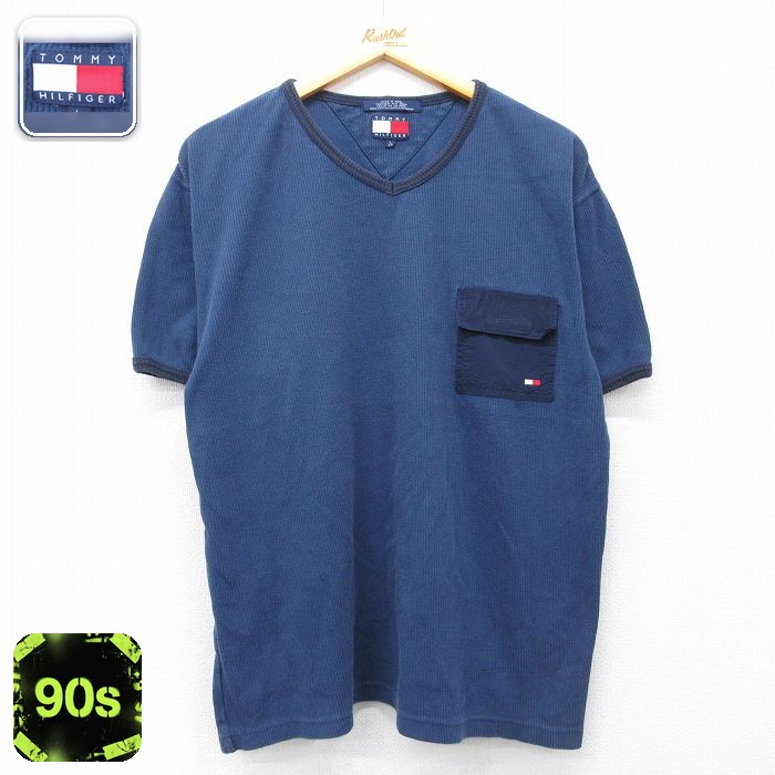 トミーヒルフィガー 90s 半袖Tシャツ ワンポイントロゴ ネイビー メンズXL相当 | 古着