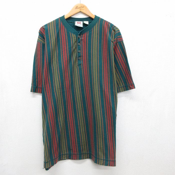 リーバイス 半袖Tシャツ ヘンリーネック グリーンストライプ メンズXL相当 | 古着
