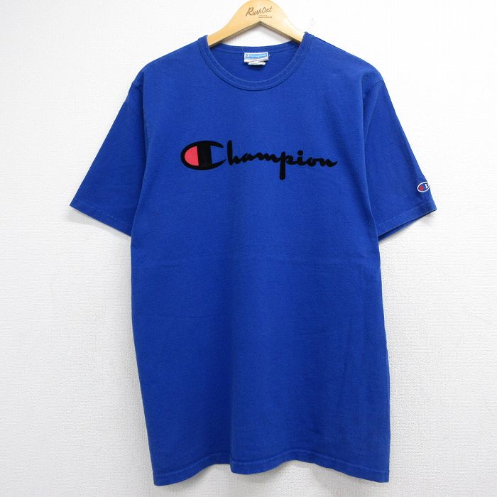 チャンピオン 半袖Tシャツ ビッグロゴフロッキープリント ブルー メンズXL相当 | 古着