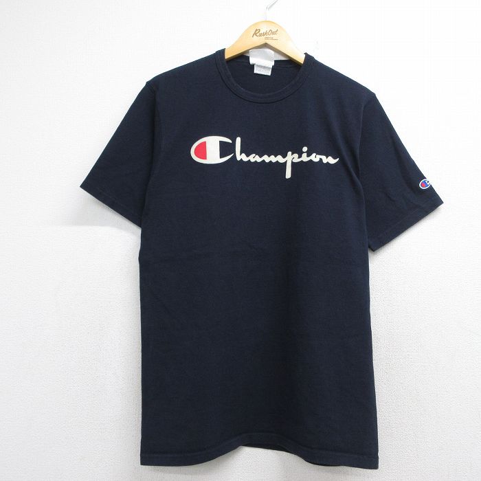 チャンピオン 半袖Tシャツ ビッグロゴフロッキープリント ネイビー メンズL相当 | 古着