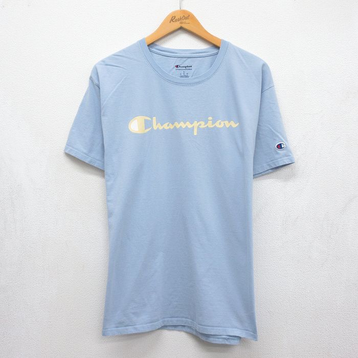 チャンピオン 半袖Tシャツ ビッグロゴ ライトブルー メンズL相当 | 古着