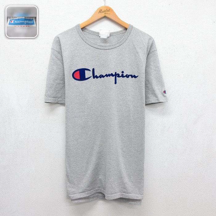 チャンピオン 半袖Tシャツ ビッグロゴフロッキープリント グレー メンズXL相当 | 古着