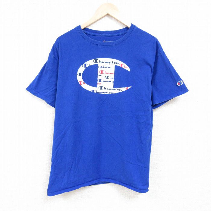 XL★古着 チャンピオン Champion 半袖 ブランド Tシャツ メンズ ビッグロゴ クルーネック 青 ブルー 24feb27 中古