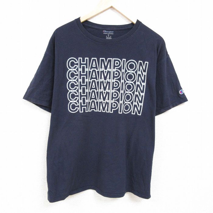 XL★古着 チャンピオン Champion 半袖 ブランド Tシャツ メンズ ビッグロゴ 大きいサイズ クルーネック 紺 ネイビー 24feb27 中古