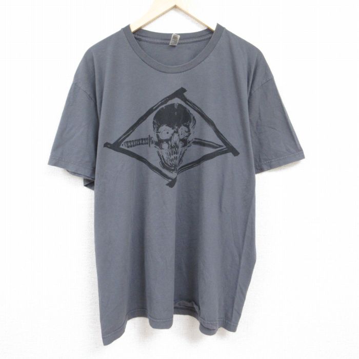 【50%OFF】XL★古着 アメリカンアパレル AMERICAN APPAREL 半袖 Tシャツ メンズ スカル 大きいサイズ コットン クルーネック USA製 グレー 【spe】 24feb28 中古