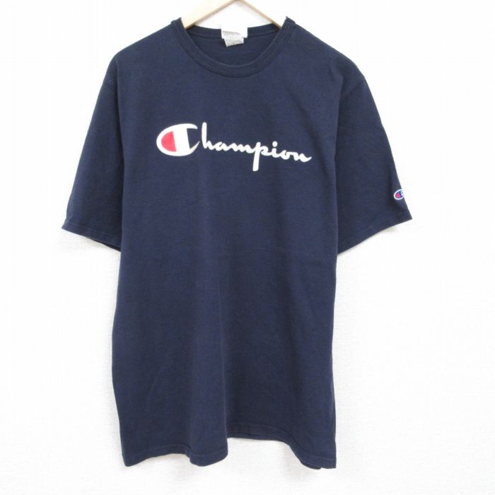 【50%OFF】XL★古着 チャンピオン Champion 半袖 ブランド Tシャツ メンズ ビッグロゴ フロッキープリント コットン クルーネック 紺 ネイビー 24feb28 中古