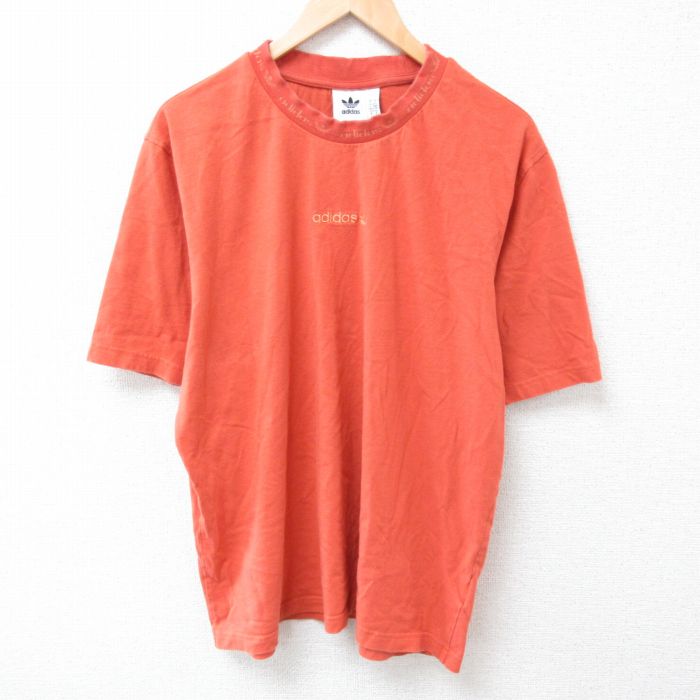 XL★古着 アディダス adidas 半袖 Tシャツ メンズ ワンポイントロゴ 大きいサイズ コットン クルーネック 濃オレンジ 24apr04 中古