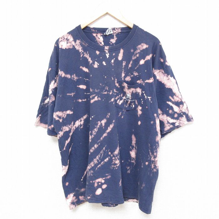 【50%OFF】XL★古着 トミーヒルフィガー TOMMY HILFIGER 半袖 ブランド Tシャツ メンズ 90年代 90s ワンポイントロゴ 胸ポケット付き 大きいサイズ コットン クルーネック 紺他 ネイビー ブリーチ加工 24apr13 中古
