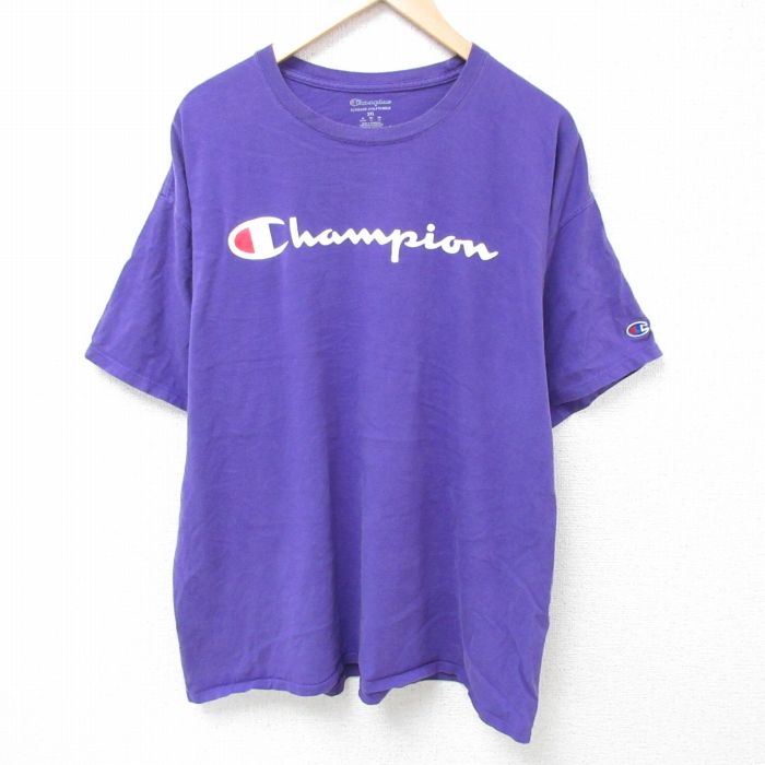 XL★古着 チャンピオン Champion 半袖 ブランド Tシャツ メンズ ビッグロゴ 大きいサイズ クルーネック 紫 パープル 24may08 中古