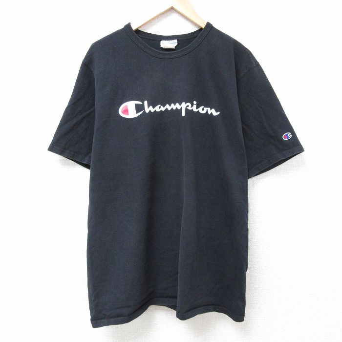 XL★古着 チャンピオン Champion 半袖 ブランド Tシャツ メンズ ビッグロゴ 大きいサイズ コットン クルーネック 黒 ブラック 24may21 中古