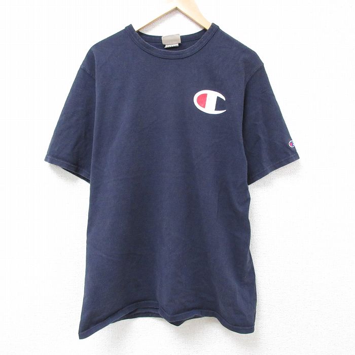 XL★古着 チャンピオン Champion 半袖 ブランド Tシャツ メンズ ワンポイントロゴ 大きいサイズ コットン クルーネック 紺 ネイビー 24may21 中古