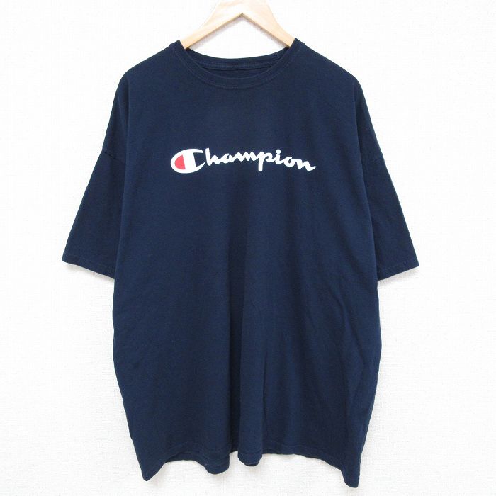 XL★古着 チャンピオン Champion 半袖 ブランド Tシャツ メンズ ビッグロゴ 大きいサイズ コットン クルーネック 紺 ネイビー 24jun03 中古