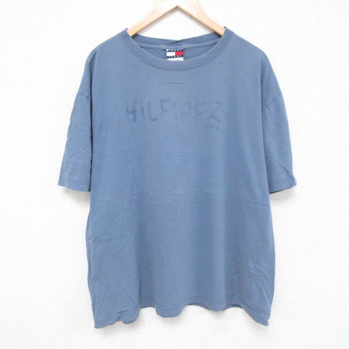 XL★古着 トミーヒルフィガー TOMMY HILFIGER 半袖 ブランド Tシャツ メンズ 90年代 90s ビッグロゴ 大きいサイズ コットン クルーネック 青系 ブルー 24jun06 中古