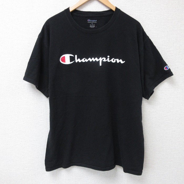 XL★古着 チャンピオン Champion 半袖 ブランド Tシャツ メンズ ビッグロゴ コットン クルーネック 黒 ブラック 24jul02 中古