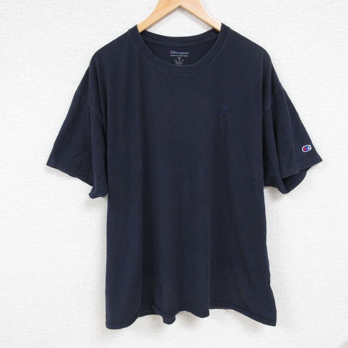 XL★古着 チャンピオン Champion 半袖 ブランド Tシャツ メンズ ワンポイントロゴ 大きいサイズ コットン クルーネック 紺 ネイビー 24jul02 中古