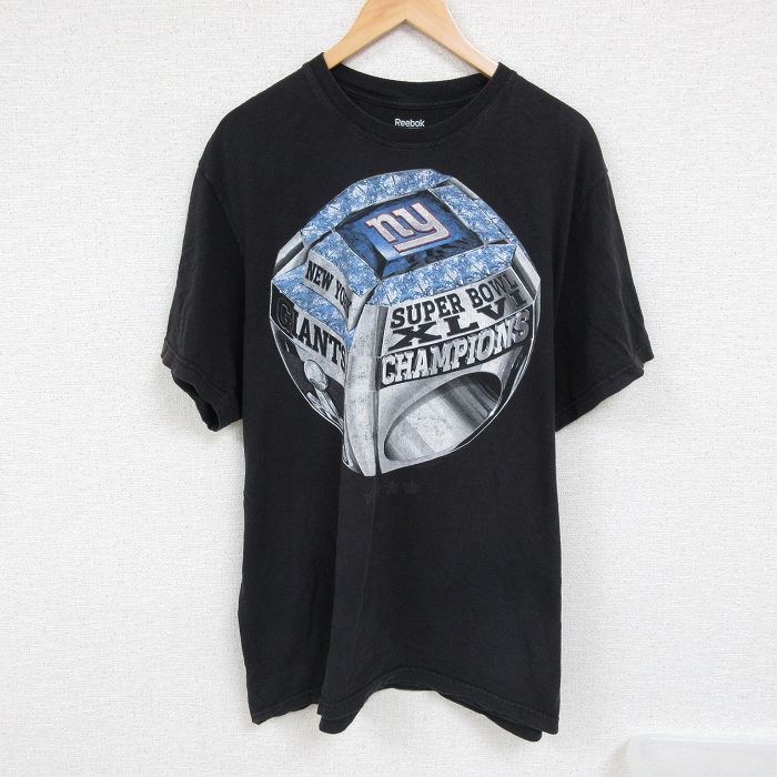 XL★古着 リーボック REEBOK 半袖 ブランド Tシャツ メンズ NFL ニューヨークジャイアンツ ビッグロゴ 大きいサイズ コットン クルーネック 黒 ブラック アメフト スーパーボウル 24jul02 中古