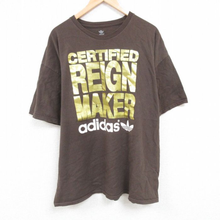XL★古着 アディダス adidas 半袖 Tシャツ メンズ ワンポイントロゴ リーフ トレフォイル 大きいサイズ コットン クルーネック 茶 ブラウン 24jul08 中古