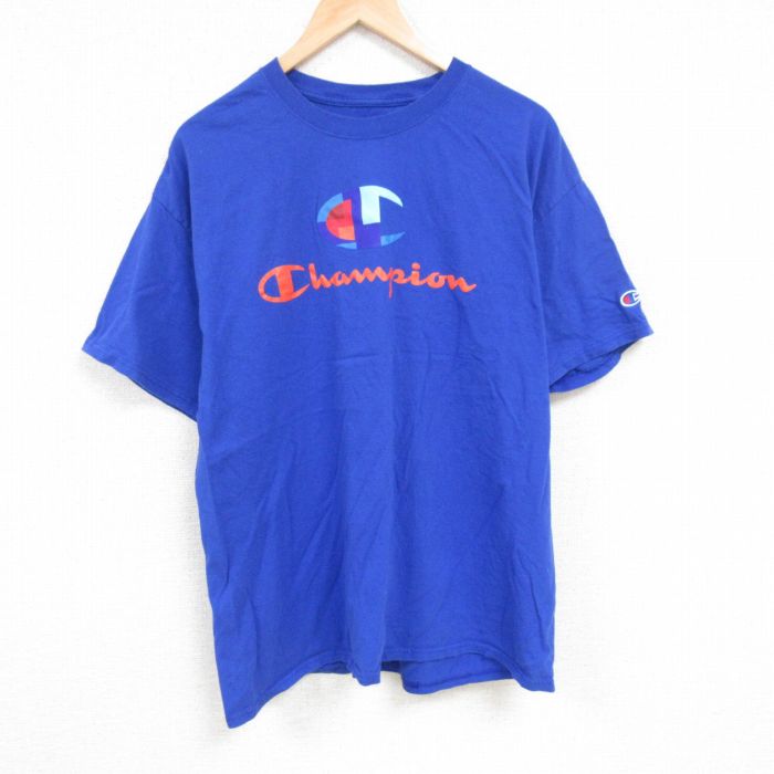XL★古着 チャンピオン Champion 半袖 ブランド Tシャツ メンズ ビッグロゴ 大きいサイズ クルーネック 青 ブルー 24jul08 中古